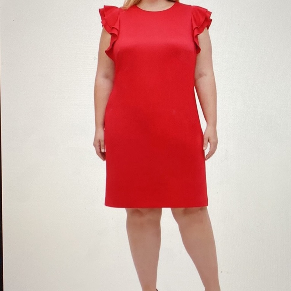 Tommy  Hilfiger Scuba Crew Neck Flutter Ruffle Cap Sleeve Sheath Dress Size 16W.